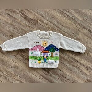 Kids Vintage Hand Knit Cream Sweater with Colorful Farm Scene